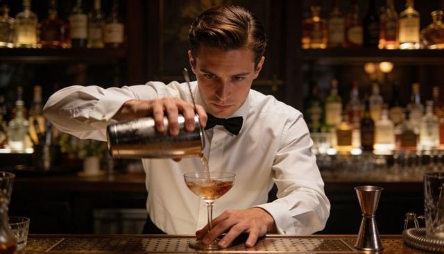 Bartender pouring classic cocktail from shaker into coupe glass in elegant moody bar