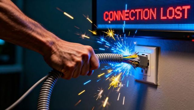 Hand gripping exposed network cable sparking near outlet with connection lost alert