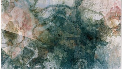 Swirling Oceanic Marbling with Triangular Overlay, Muted Teal Blush Watercolor Veins