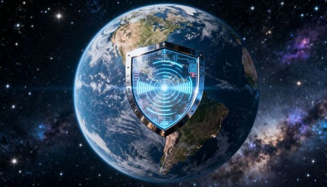 Holographic shield protecting planet earth with radar interface over starfield