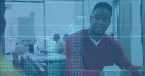 Business Presentation with Analytics Overlay in Modern Office