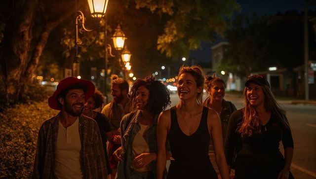 Laughing friends walking under vintage street lamps at night, urban diverse nightlife