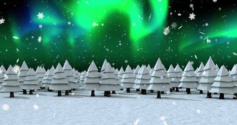 Winter Landscape with Aurora Borealis and Falling Snowflakes