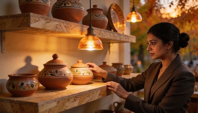 Woman selecting handcrafted terracotta pots under warm amber lights in artisan shop