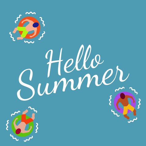 Hello Summer Text with People Relaxing on Inflatables in Water - Download Free Stock Templates Pikwizard.com