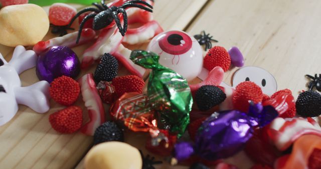 Colorful assortment of candy and Halloween-themed toys scattered on a wooden table. Featuring fake spiders, eyeballs, and various wrapped and gummy candies, this image evokes the festive and decorative spirit of Halloween. Perfect for use in Halloween promotion materials, party invitations, or themed blog posts.