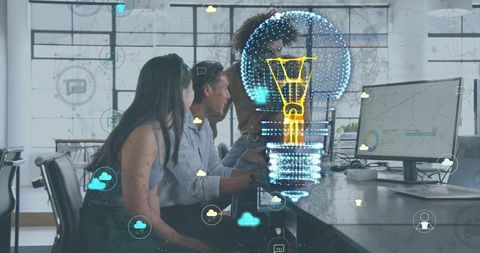 Team collaborating on interactive data dashboards with holographic lightbulb and cloud network