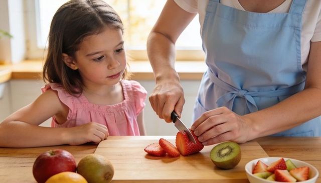 Mother teaching daughter to slice strawberries in bright home kitchen for healthy snacking