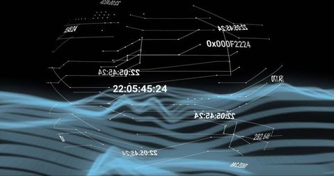 Flowing blue data waveform with wireframe nodes and scrolling numeric HUD elements