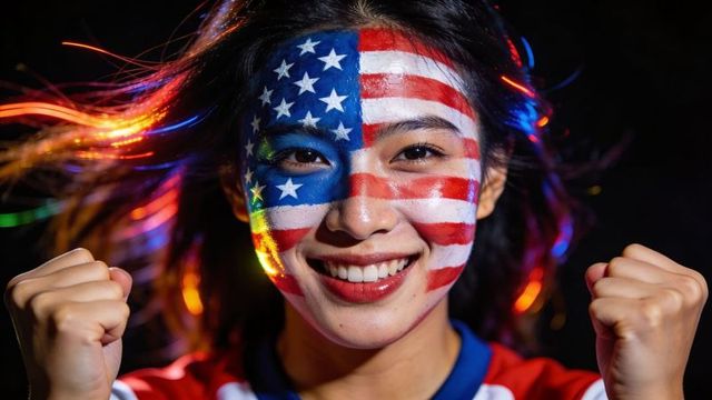 Smiling woman wearing us flag face paint raising fists under neon lights, patriotic closeup