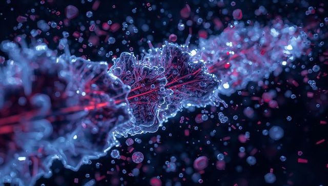 Glowing neon helix with red core and floating crystalline particles