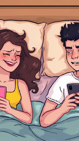 Couple lying in bed laughing while scrolling smartphones at night