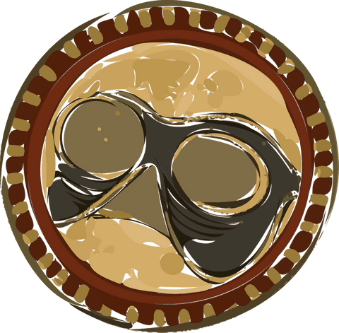 Geometric medallion with black mask and maroon ring on transparent background