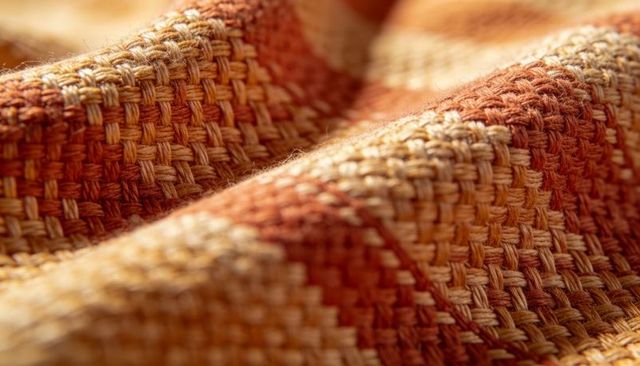 Macro woven textile swatch with warm orange basket-weave texture and visible yarn fibers
