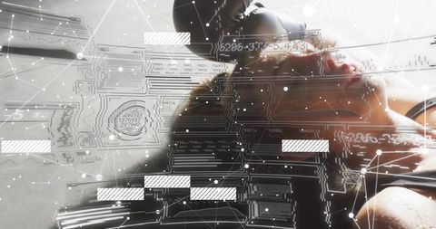 Reclining woman wearing headset with circuit-board overlay, futuristic digital relaxation concept