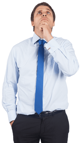 Thoughtful businessman touching chin in blue tie transparent background