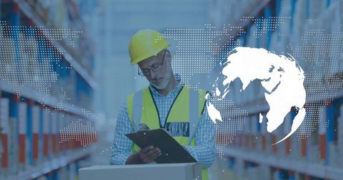 Warehouse Supervisor Inspecting Inventory with Clipboard and Global Logistics Network Overlay