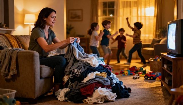 Mother folding laundry while children playing in cozy living room at night