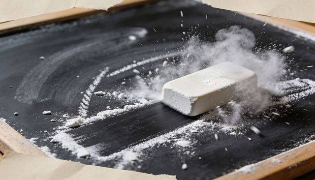 White chalk eraser creating dust cloud on blackboard closeup, chalk dust texture education