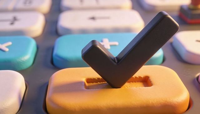 Black 3D Checkmark Resting in Recessed Orange Keycap on Pastel Macro Keypad Closeup