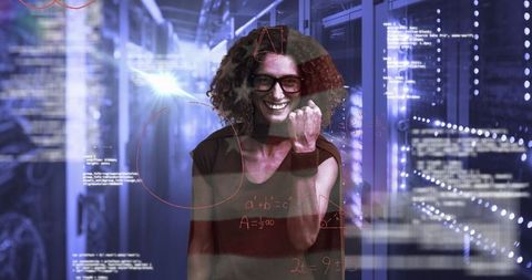 Triumphant Woman Celebrating In Data Server Room With Math Overlay - Download Free Stock Images Pikwizard.com