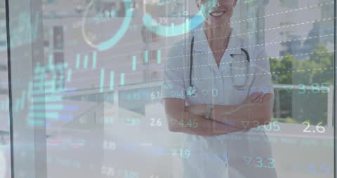 Smiling Doctor in Hospital with Data Infographic Overlay