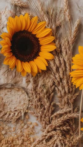 Vertical video panning sunflower and wheat harvest on rustic tabletop for organic ads