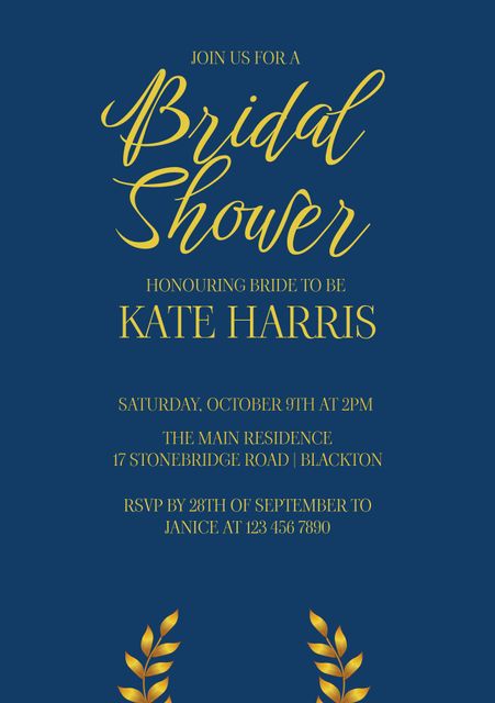 Elegant bridal shower invitation featuring navy background with gold accents. Ideal for formal and posh bridal events. Great for sending to guests or displaying as a beautiful wedding decor piece. Features clear text for date, time, and address, with an RSVP option.