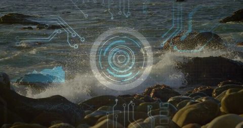 Glowing holographic hud hovering over rocky coastline with breaking waves and sunlight