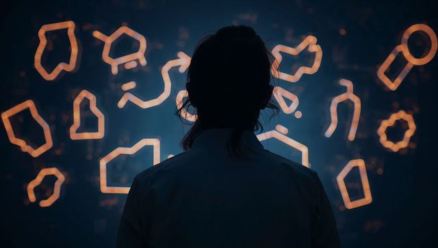 Silhouetted researcher observing holographic data display with glowing geometric icons