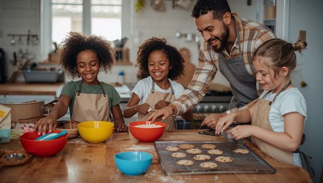 Multiracial family baking cookies together in cozy kitchen, kids wearing aprons