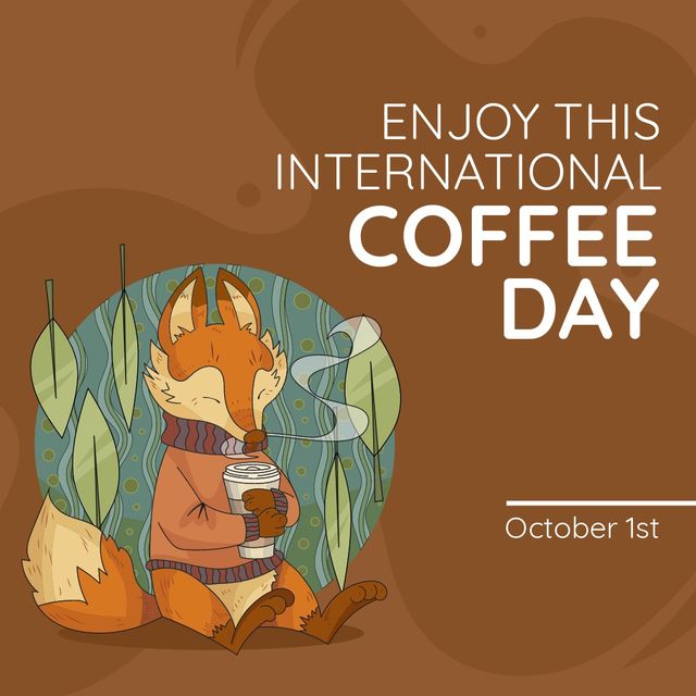 Square image of international coffee day text with fox drinking coffee. International coffee day campaign.