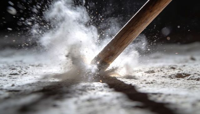Wooden rod striking flour creating backlit dust explosion macro motion and texture