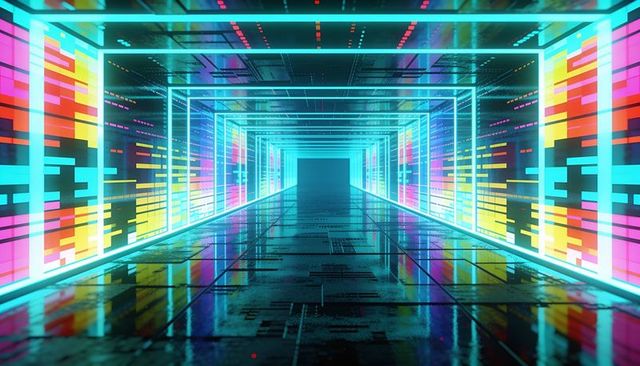 Neon cyber corridor leading to dark portal with reflective floor and pixel led walls