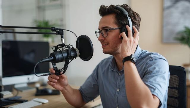 Young man recording podcast in stylish home office with studio microphone and headphones
