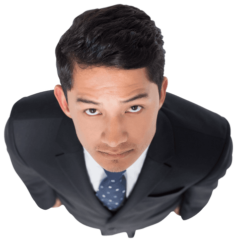 Confident Asian Businessman Looking Up on Transparent Background