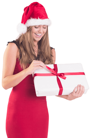 Festive Woman in Red Dress Holding Wrapped Christmas Gift