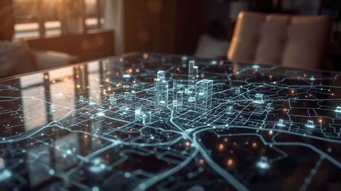Futuristic 3d city model projection on glass table