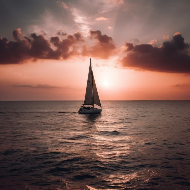 Sailboat gliding on calm ocean waters during a stunning sunset with dramatic clouds overhead. Perfect for themes related to travel, relaxation, adventure, and nature. Can be used for blogs, travel websites, inspirational content, and advertisements promoting sailing or oceanic experiences.