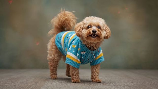 Apricot small dog wearing turquoise striped sweater standing on rug smiling