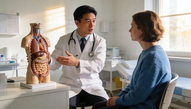 Physician explaining human digestive system model to patient during clinical consultation