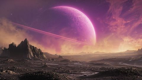 Ringed planet dominating purple sky over jagged alien landscape at twilight