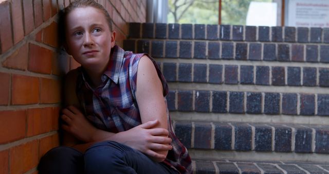 Anxious Child Sitting on Steps Indoors - Download Free Stock Images Pikwizard.com