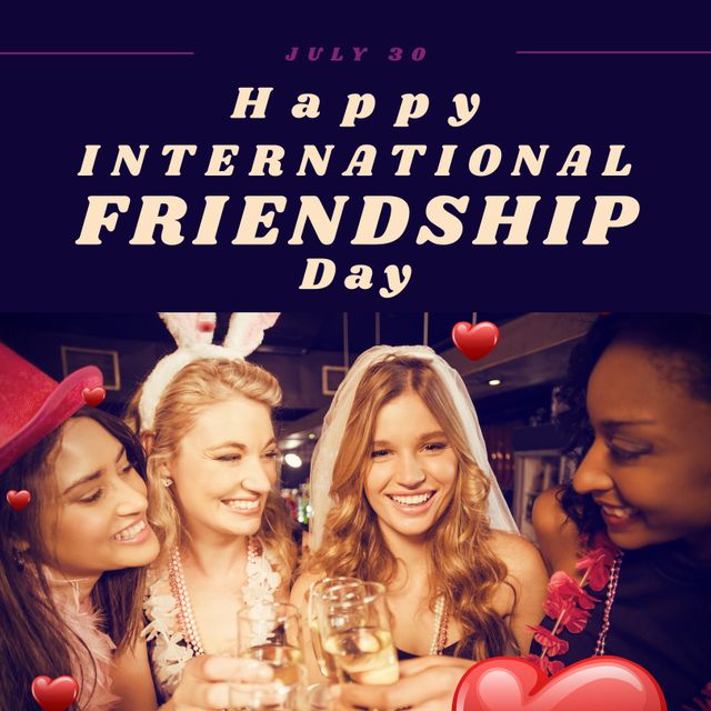 Happy international friendship day text with happy diverse female friends making a toast at party. Celebration of friendship, appreciation campaign digitally generated image.