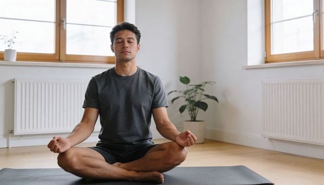 Man meditating cross-legged on yoga mat in sunlit minimal home interior for wellness