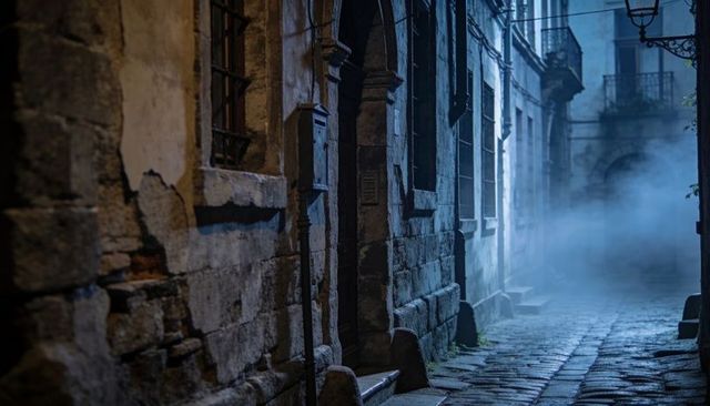 Moonlit foggy cobblestone alley with weathered stone facades, archway and lantern