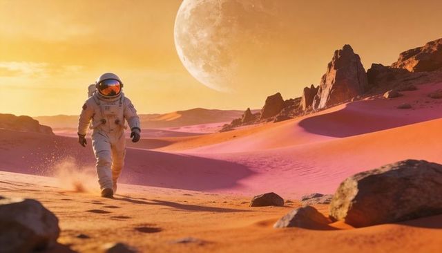 Astronaut walking across alien desert dunes at sunset with oversized moon and rocky spires