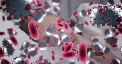 Animated Virus Particles Superimposed on Sick Female Sleeping
