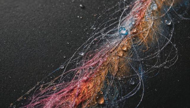 Macro Diagonal Pink Orange Blue Fibers with Water Droplets on Matte Black Texture