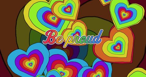 Rainbow hearts illustration celebrating lgbtq+ pride with inspiring message